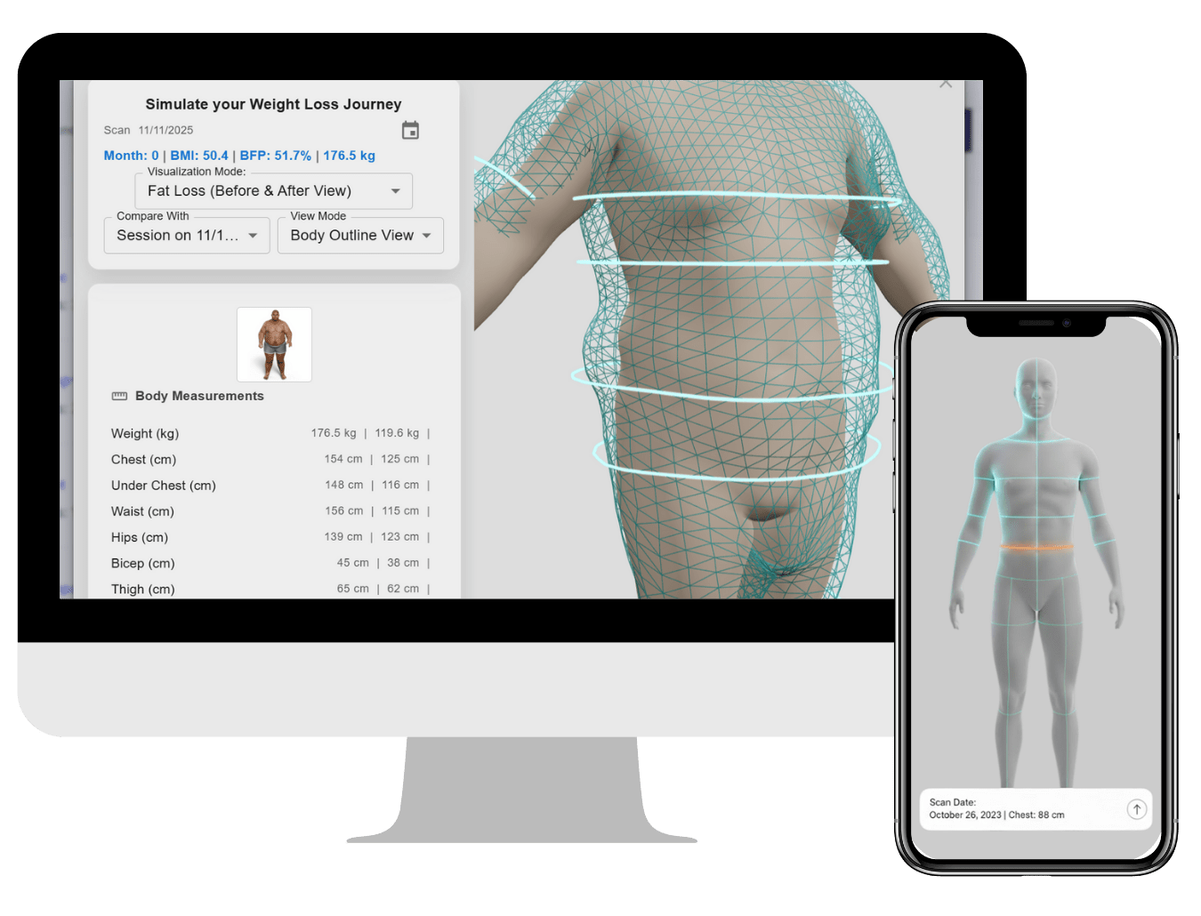 AI Weight Loss Simulator interface showing body transformation visualization